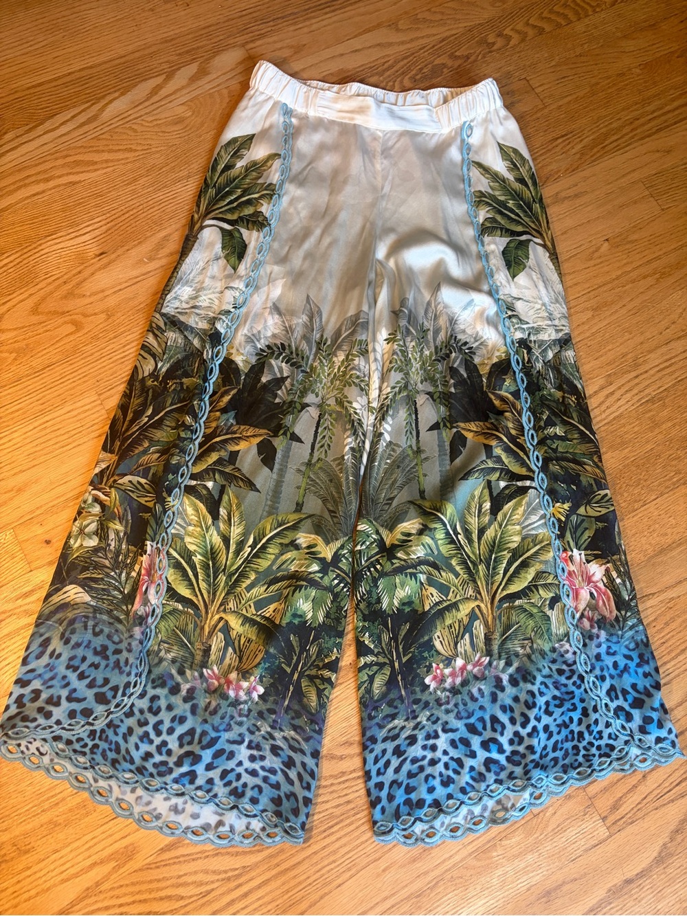 Johnny Was NWOT SILK BLEND Tropical Embroidered Pull On Wide Leg Split Pants S
